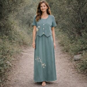 Vtg Coldwater Creek Maxi Dress Vest Set Womens L Green Butterfly Art To Wear USA